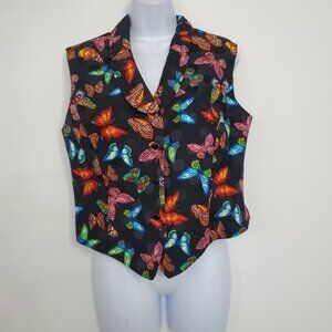 PSI Womens Silk Colorful Butterfly Button Up Vest Size 12 Cottage Core Artsy